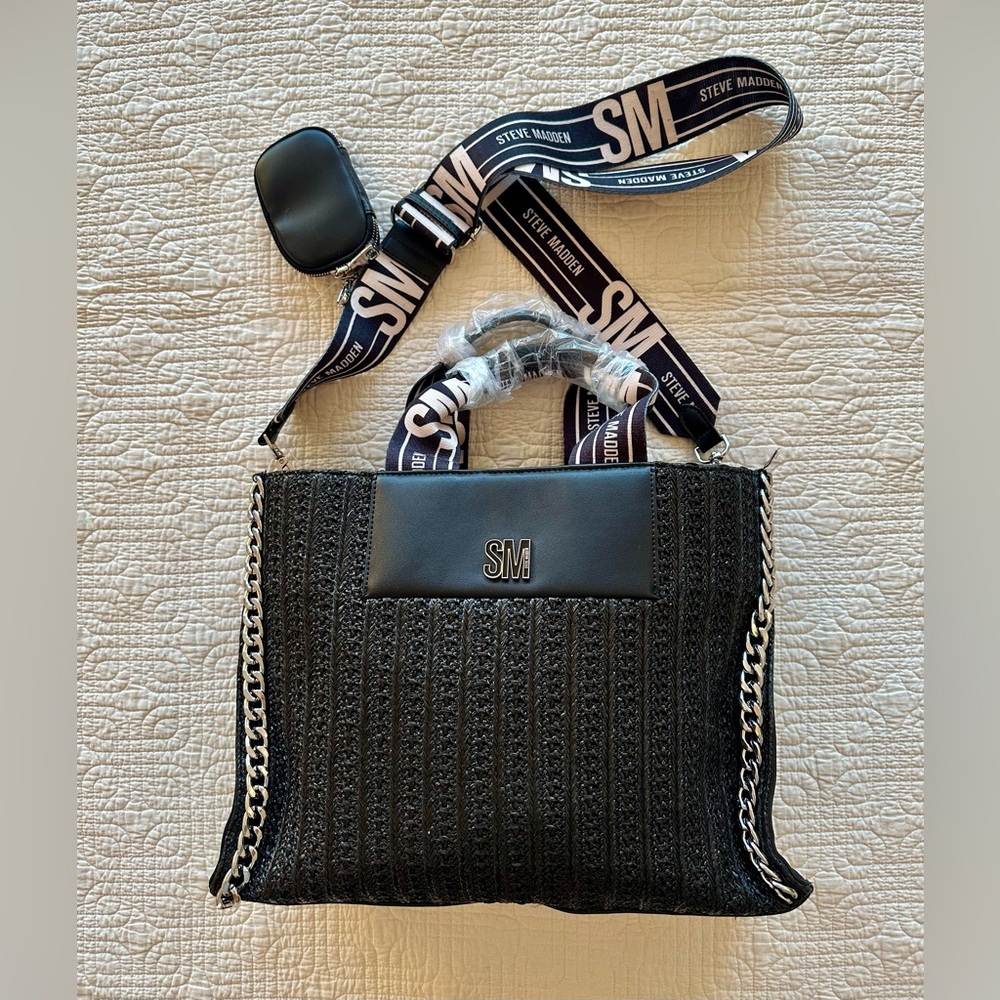 New Steve Madden Black Textured Tote Handbag with an Adjustable/Detachable Stap
